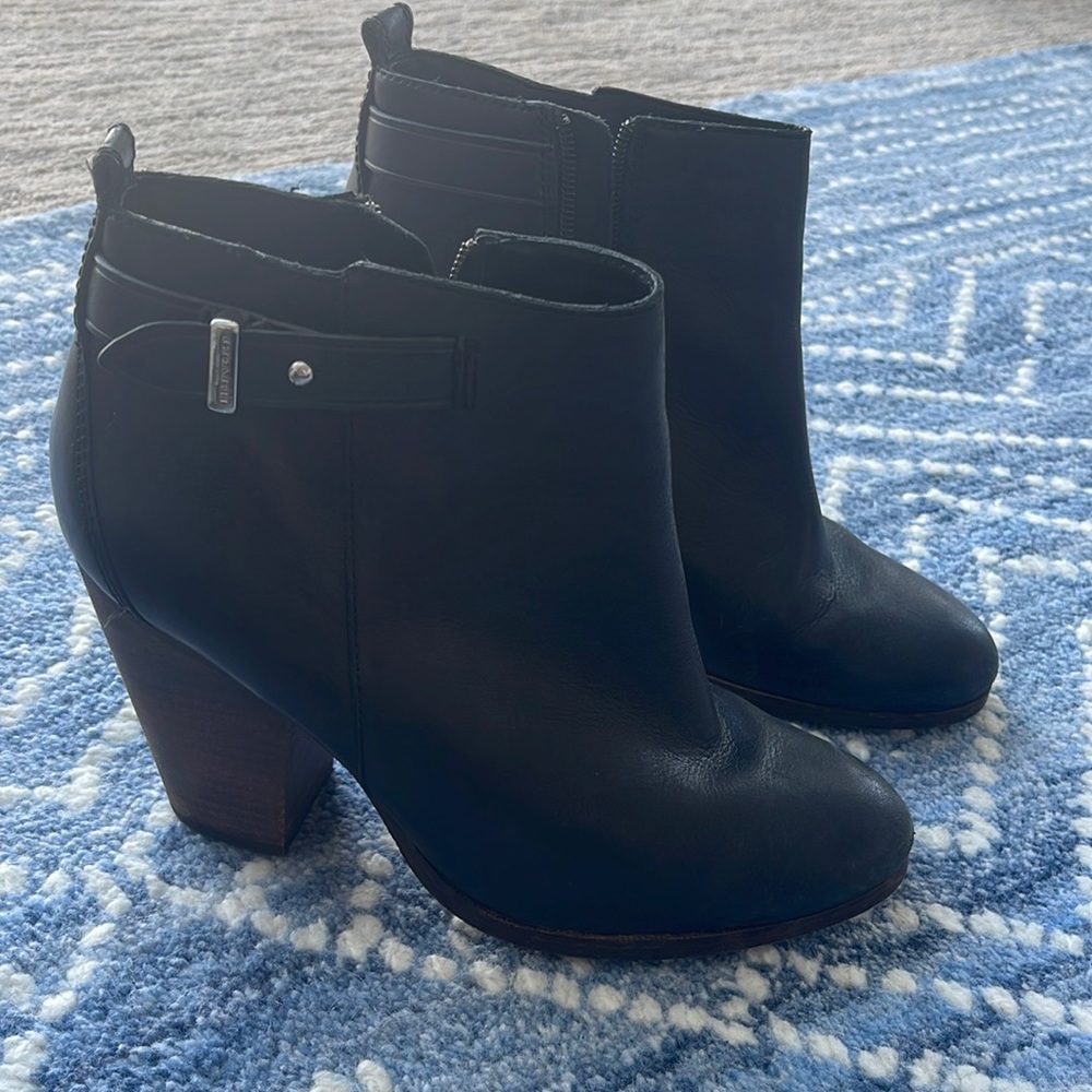 Black Leather Coach Heeled Booties